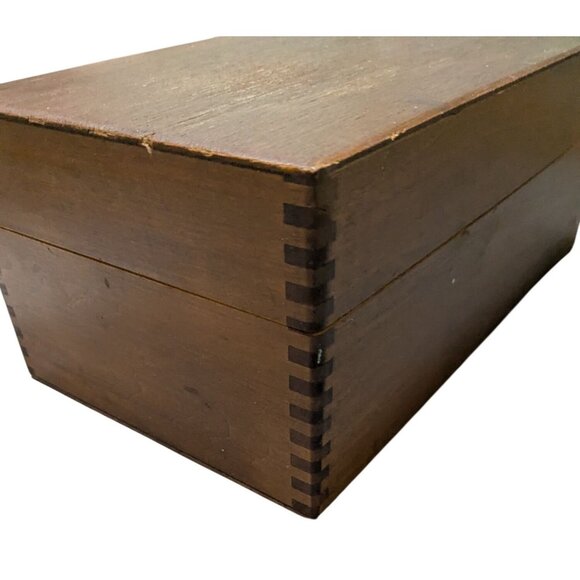 Wooden Dovetail Box Metal Blade Insert Hinged Lid Library card index oak vintage - Picture 3 of 16